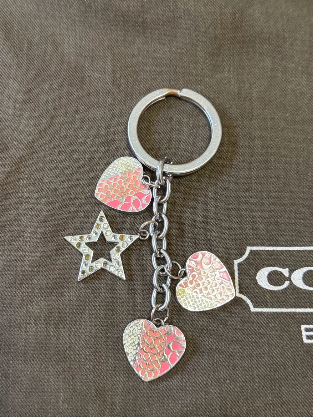 Coach Silver-Tone Keychain with Pink Accent Hearts & Star Bag Charm Keychain